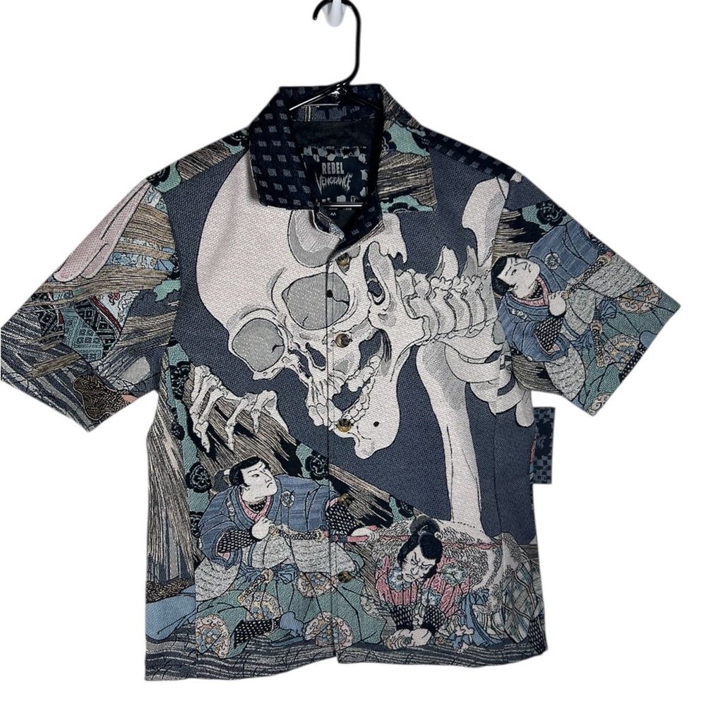 Rebel Vengeance Samurai Skull Short Sleeve Tapestry Shacket Jacket Size M